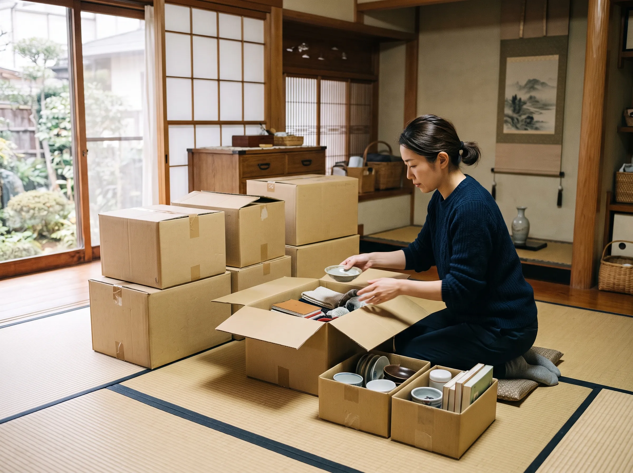 畳の部屋でお品物を仕分けする様子