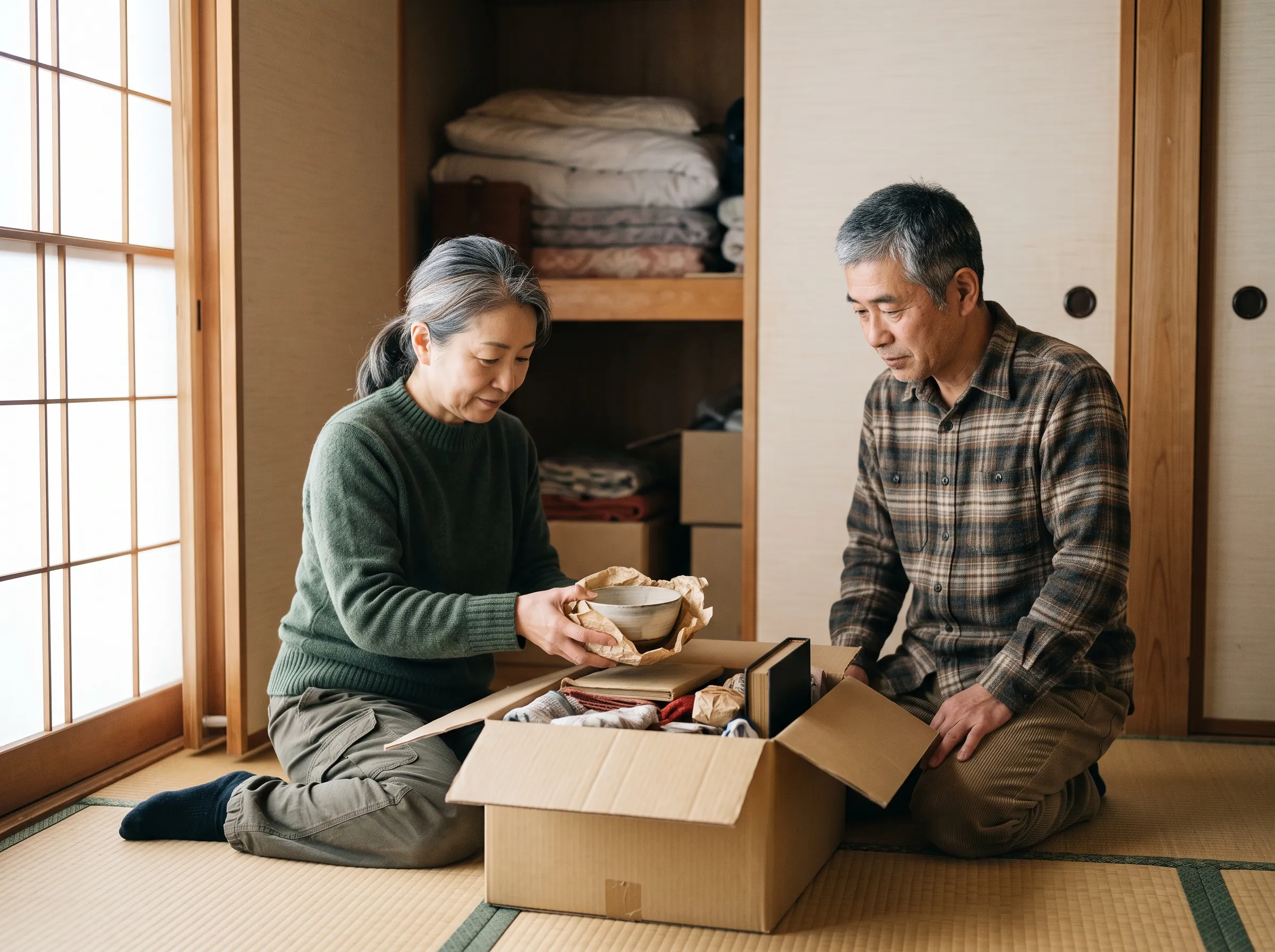 押し入れから出したお品物を確かめるご家族